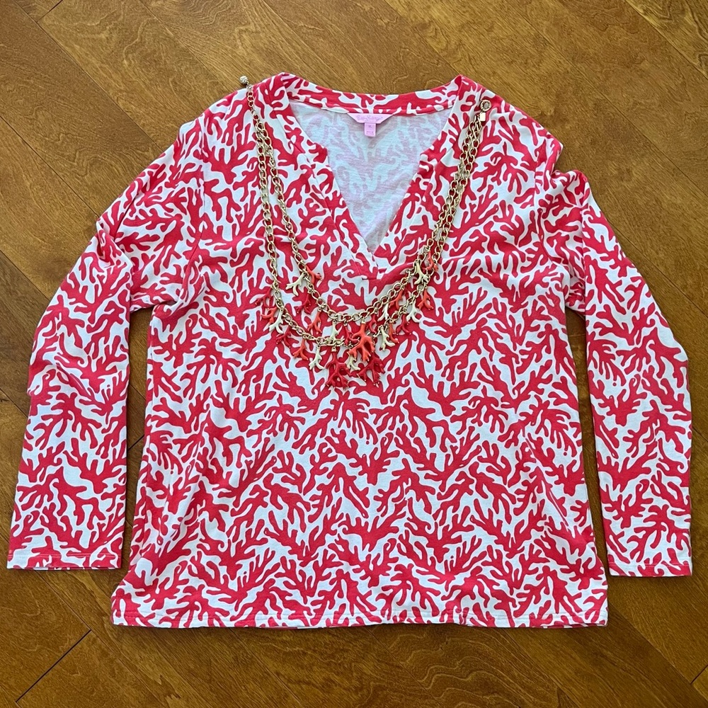 Lilly Pulitzer SET Odette Tunic Top Island Coral Treasure &Necklace Island Coral